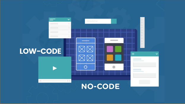 Low-code development platform interface showing fast app creation and automation features